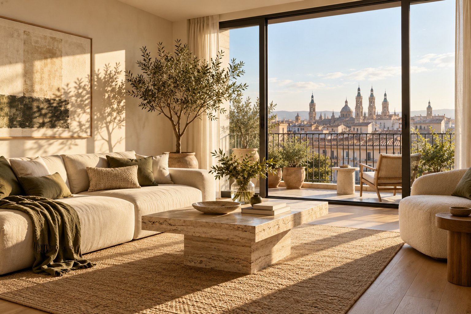 Salón luminoso de inspiración mediterránea con terraza